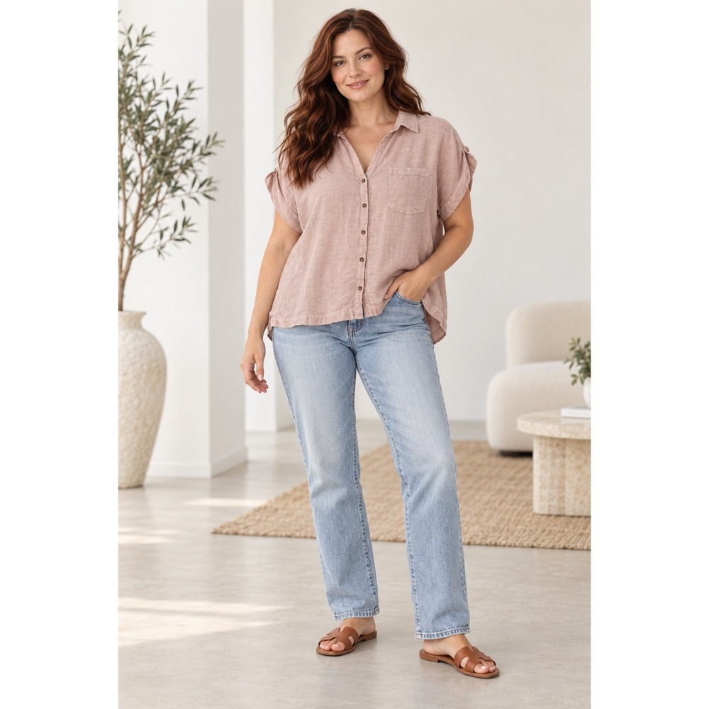 Rachel Zoe Pink 100% Linen Button Down Shirt XL Minimalist Boho Coastal Summer